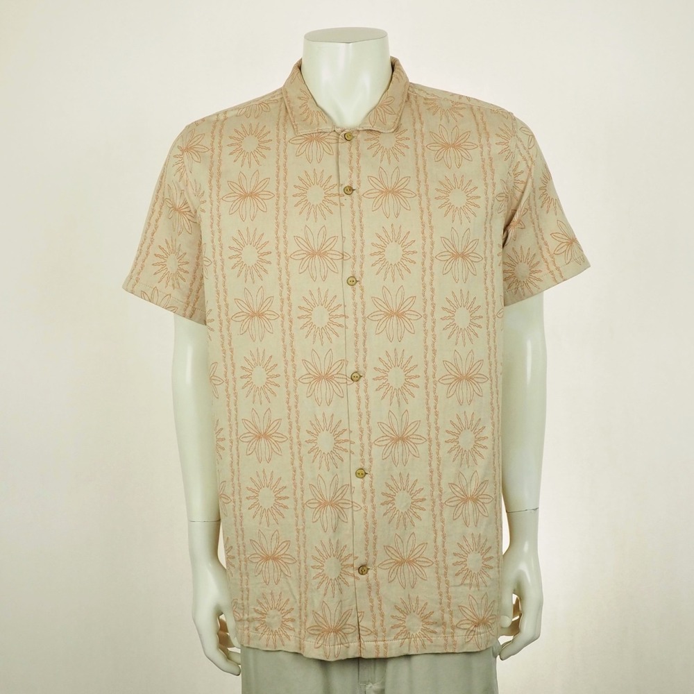 Roark Gonzo Tiare Button Down Shirt Mens XL Khaki Brown Cotton Sun Floral Camp